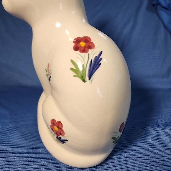 Vtg Ceramic White Kitty Cat Art Elpa Alcobaca Portuguese Hand Painted Flowers - Picture 5 of 10